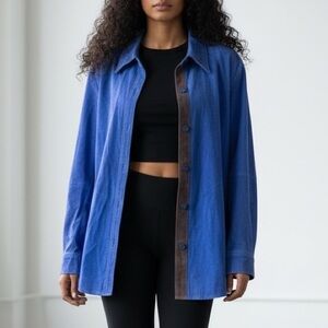 Cobalt Blue Seude Button-Up Shirt with Grey Accents